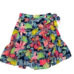 Lilly Pulitzer Preppy Navy Capri Soleil Nessa Multi Floral Tie Skirt Size 2